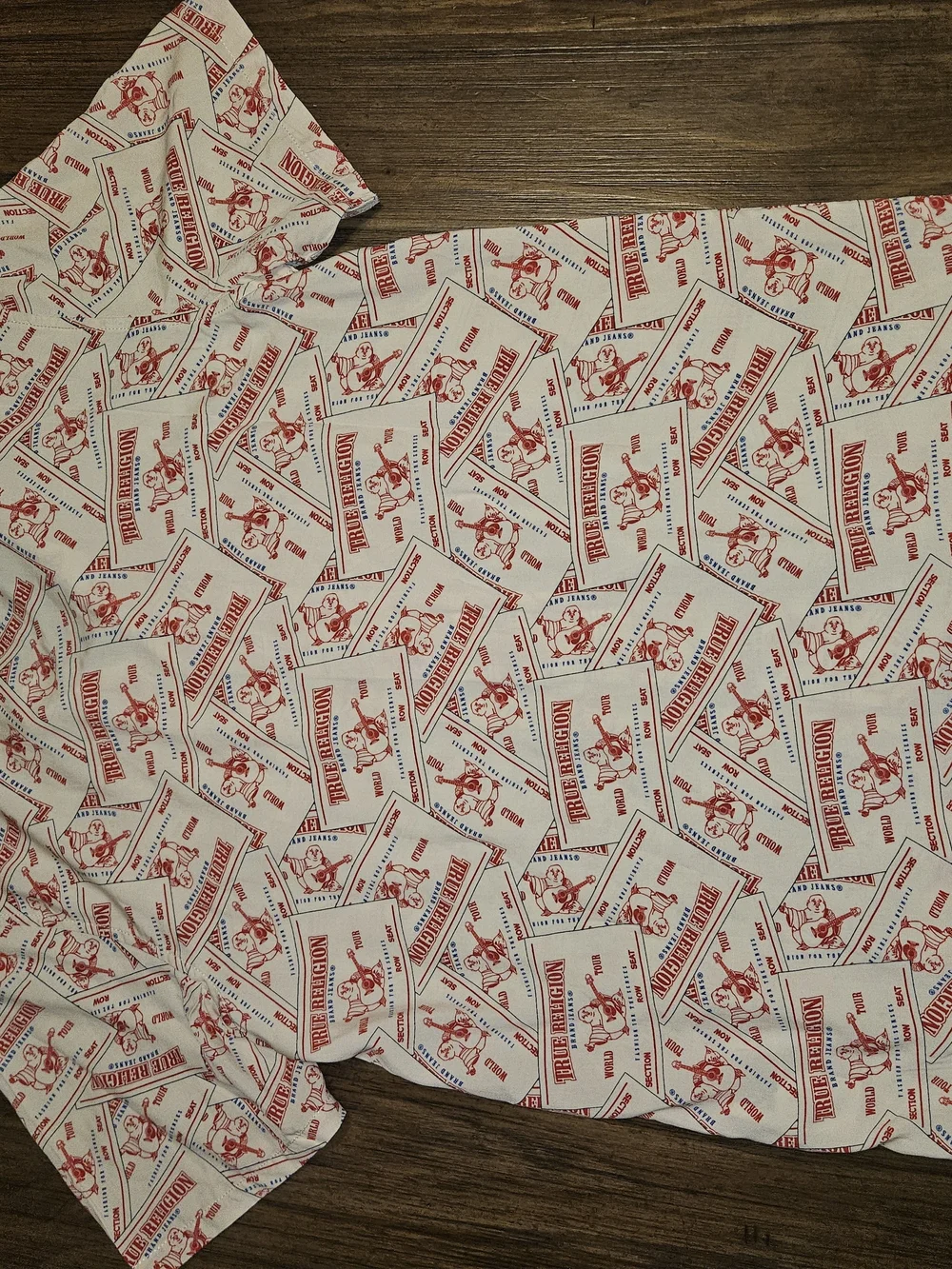 True Religion Cream and Red Logo-Print Short Sleeve Button-Down